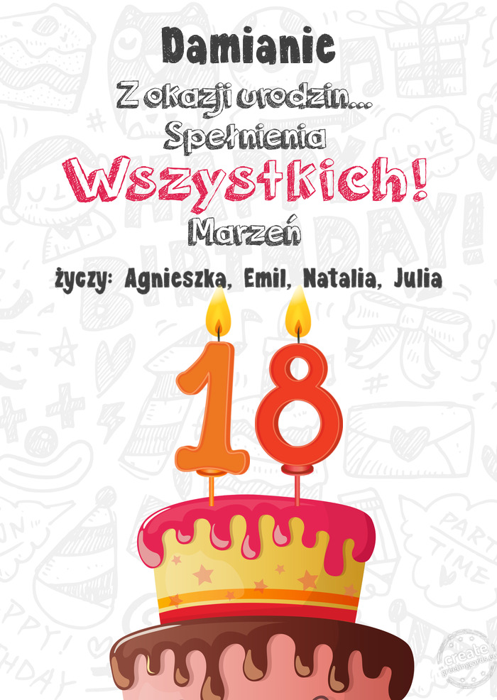 Damianie Kartka z okazji 18 urodzin, życzy: Agnieszka, Emil, Natalia, Julia