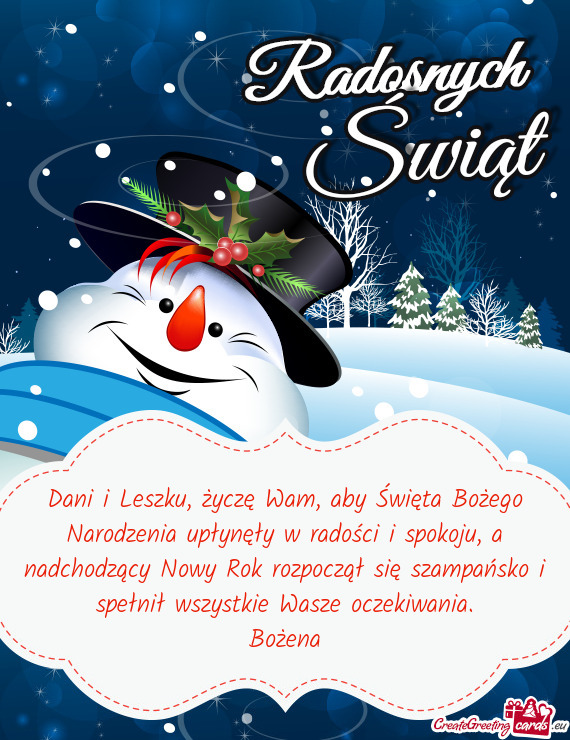 Dani i Leszku, życzę Wam, aby Święta Bożego Narodzenia upłynęły w radości i spokoju, a nadc