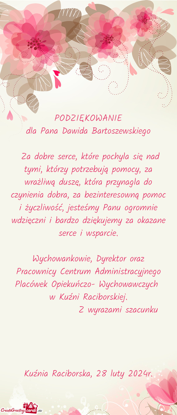 Dla Pana Dawida Bartoszewskiego