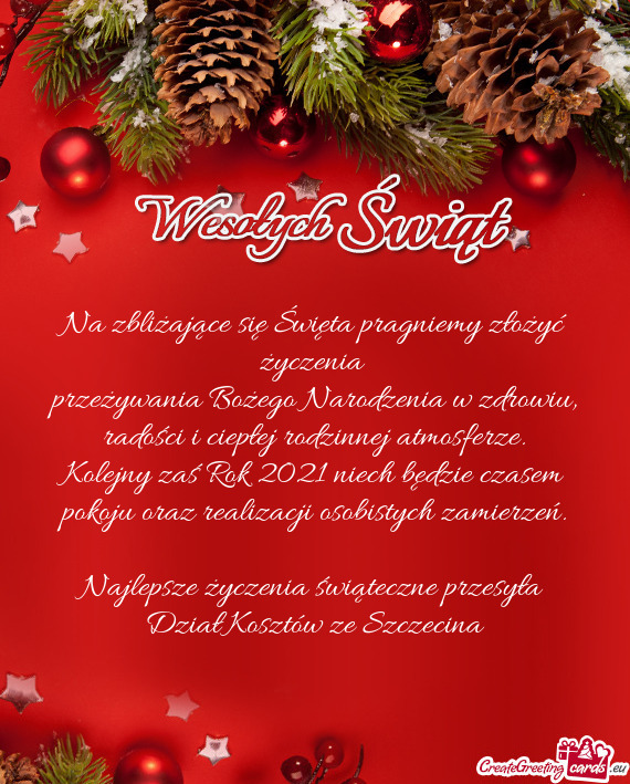 Najlepsze życzenia świąteczne przesyła 
 Dział Kosztów ze Szczecina