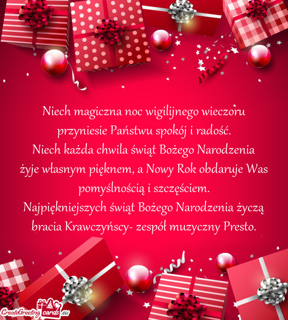 Najpiękniejszych świąt Bożego Narodzenia życzą bracia Krawczyńscy- zespół muzyczny Prest