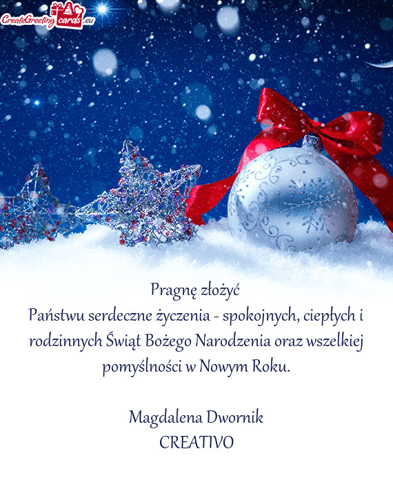Państwu serdeczne życzenia - spokojnych, ciepłych i rodzinnych Świąt Bożego Narodzenia oraz ws