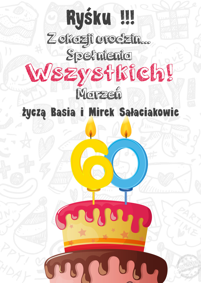 Ryśku !!! Kartka z okazji 60 urodzin, życzą Basia i Mirek Sałaciakowie