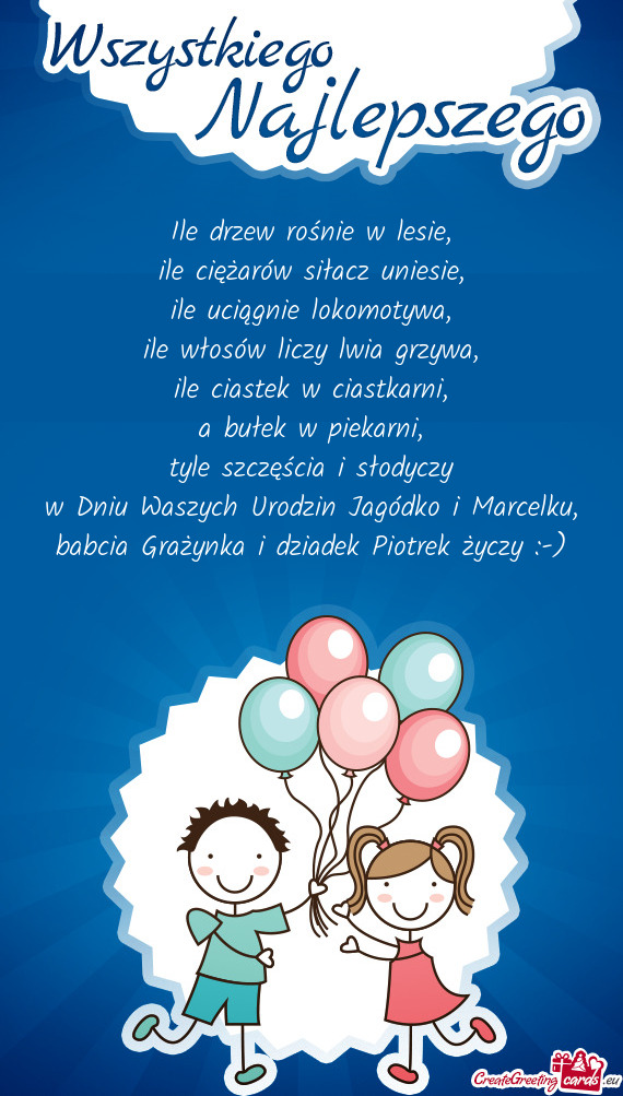 W Dniu Waszych Urodzin Jagódko i Marcelku, babcia Grażynka i dziadek Piotrek życzy :-)
