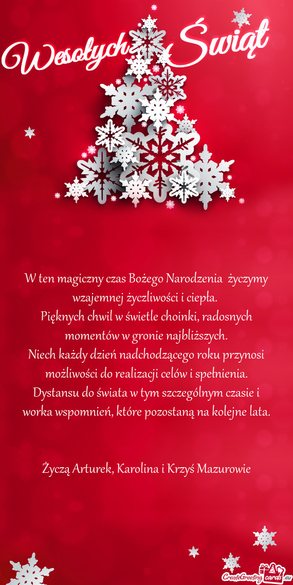 W ten magiczny czas Bożego Narodzenia życzymy wzajemnej życzliwości i ciepła