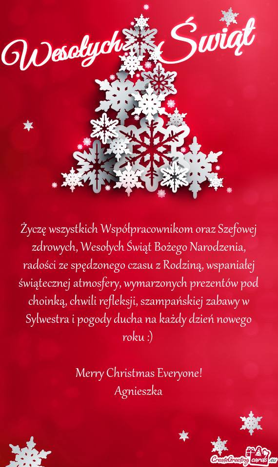 ?yczę wszystkich Współpracownikom oraz Szefowej zdrowych, Wesołych Świąt Bożego Narodzenia