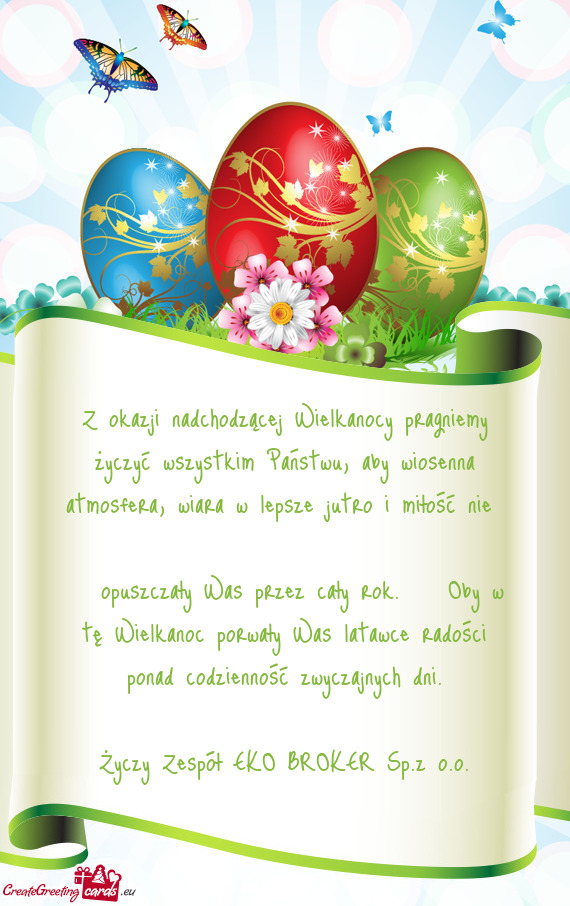 Z okazji nadchodzącej Wielkanocy pragniemy życzyć wszystkim Państwu, aby wiosenna atmosfera, wia