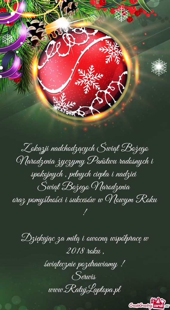 Z okazji nadchodzących Świąt Bożego Narodzenia życzymy Państwu radosnych i spokojnych , pełny