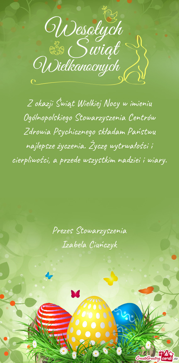 Z okazji Świąt Wielkiej Nocy w imieniu Ogólnopolskiego Stowarzyszenia Centrów Zdrowia Psychiczne