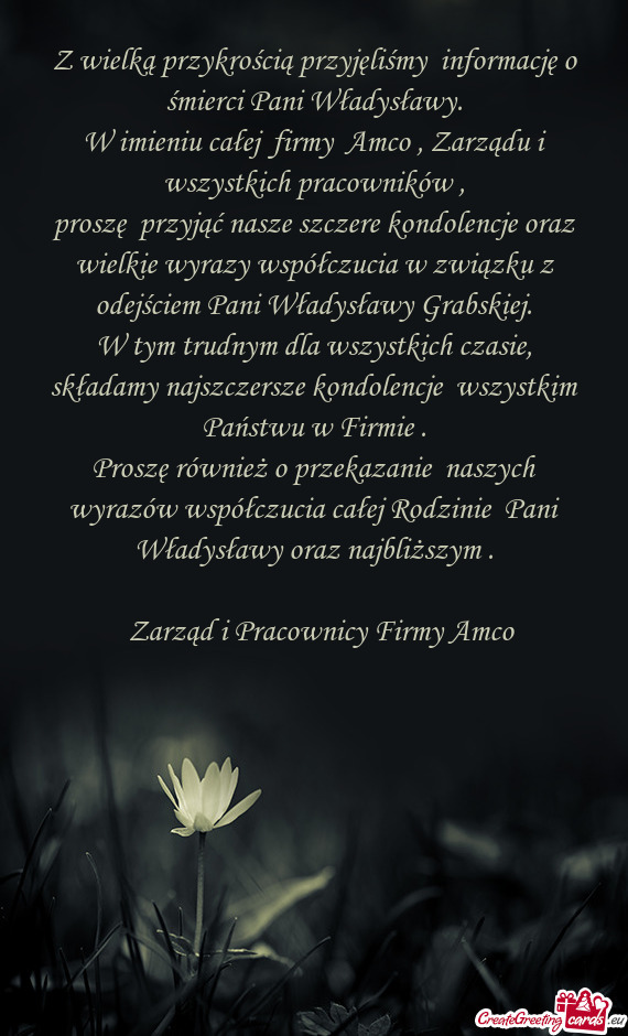 Z wielką przykrością przyjęliśmy informację o śmierci Pani Władysławy