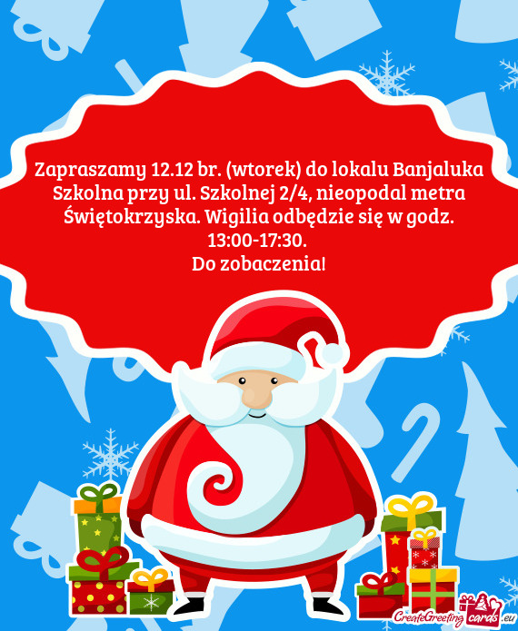 Zapraszamy 12.12 br. (wtorek) do lokalu Banjaluka Szkolna przy ul. Szkolnej 2/4, nieopodal metra Św