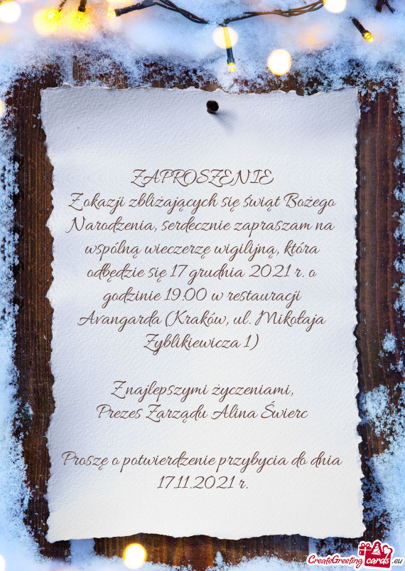  wigilijną, która odbędzie się 17 grudnia 2021 r. o godzinie 19:00 w restauracji Avangarda (Kra