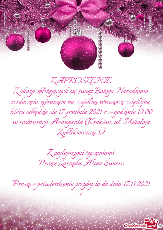  wigilijną, która odbędzie się 17 grudnia 2021 r. o godzinie 19:00 w restauracji Avangarda (Kra