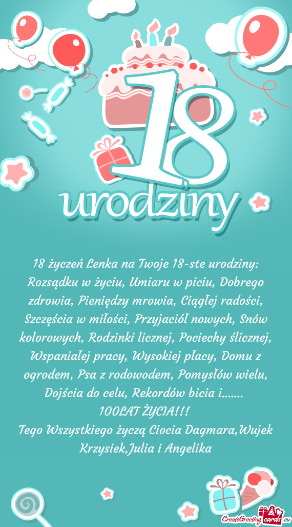 18 życzeń Lenka na Twoje 18-ste urodziny: Rozsądku w życiu, Umiaru w piciu, Dobrego zdrowia, Pie