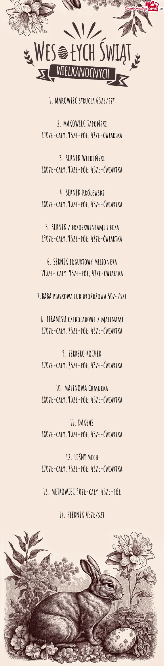 180zł-cały, 90zł-pół, 45zł-ćwiartka