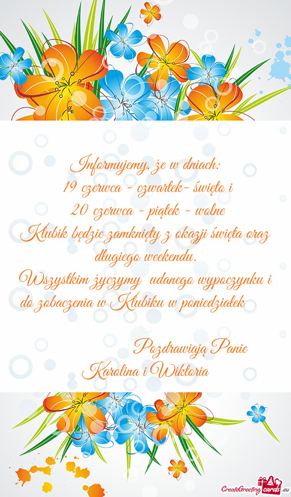 19 czerwca - czwartek- święto i