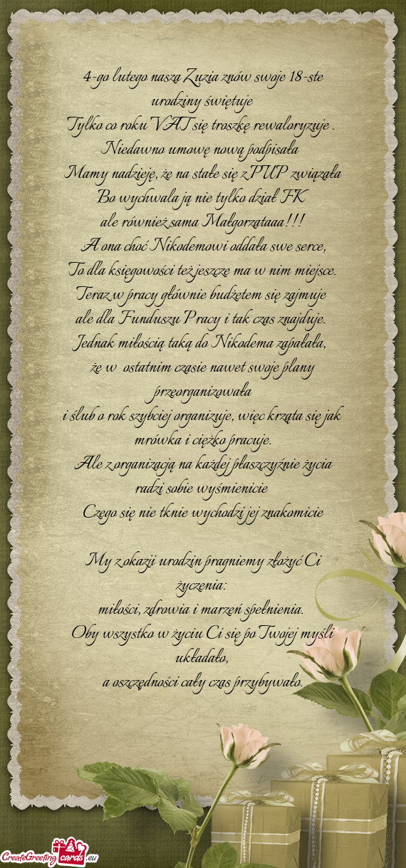 4-go lutego nasza Zuzia znów swoje 18-ste urodziny świętuje