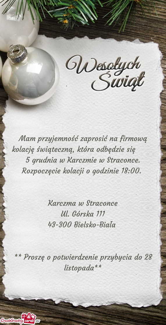 5 grudnia w Karczmie w Straconce. Rozpoczęcie kolacji o godzinie 18:00