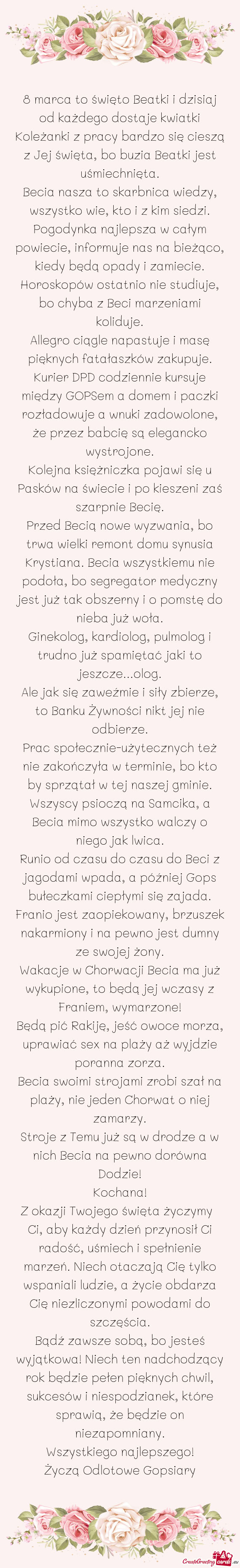 8 marca to święto Beatki i dzisiaj od każdego dostaje kwiatki