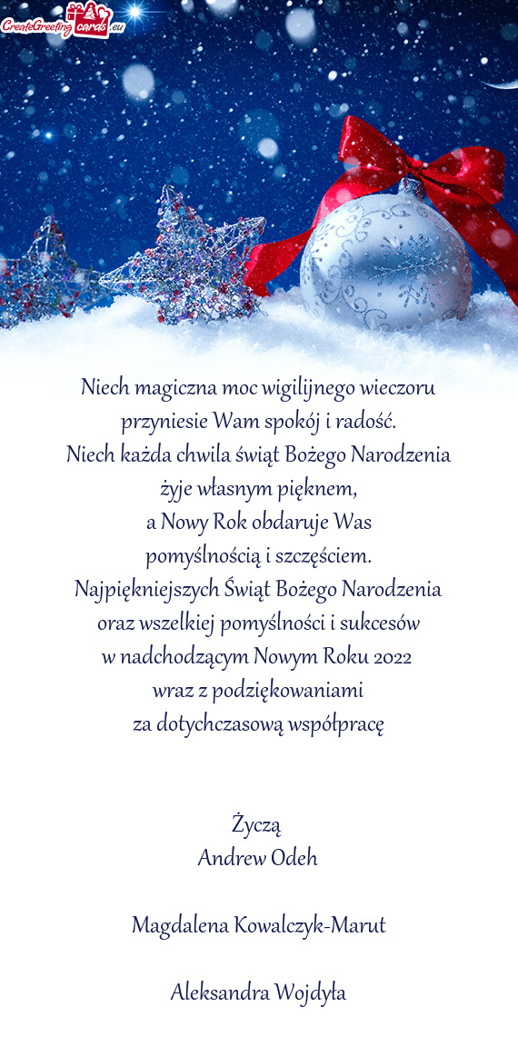 Ącym Nowym Roku 2022 wraz z podziękowaniami za dotychczasową współpracę  Życzą Andr