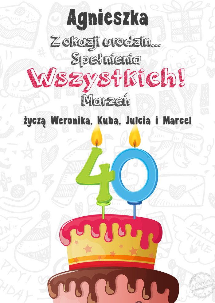 Agnieszka Kartka z okazji 40 urodzin, życzą Weronika, Kuba, Julcia i Marcel 🥰