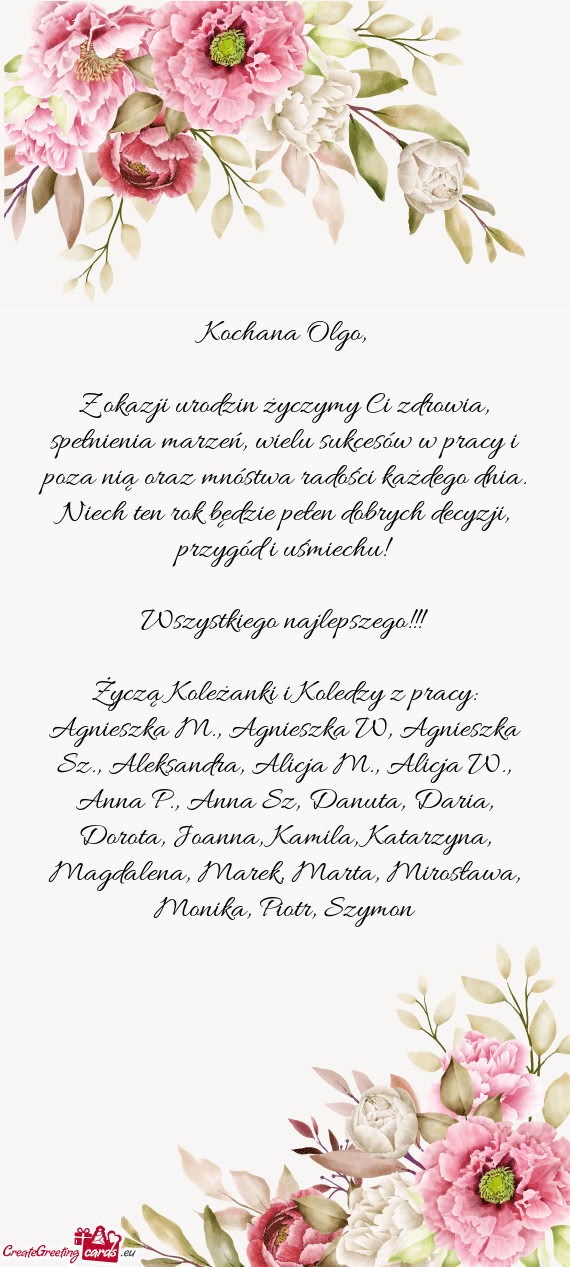 Agnieszka M., Agnieszka W, Agnieszka Sz., Aleksandra, Alicja M., Alicja W., Anna P., Anna Sz, Danuta