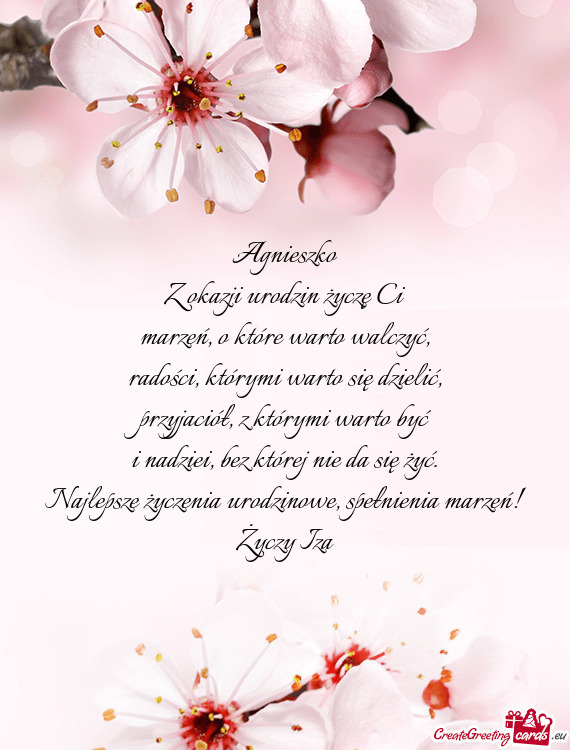 Agnieszko Z okazji urodzin życzę Ci marzeń