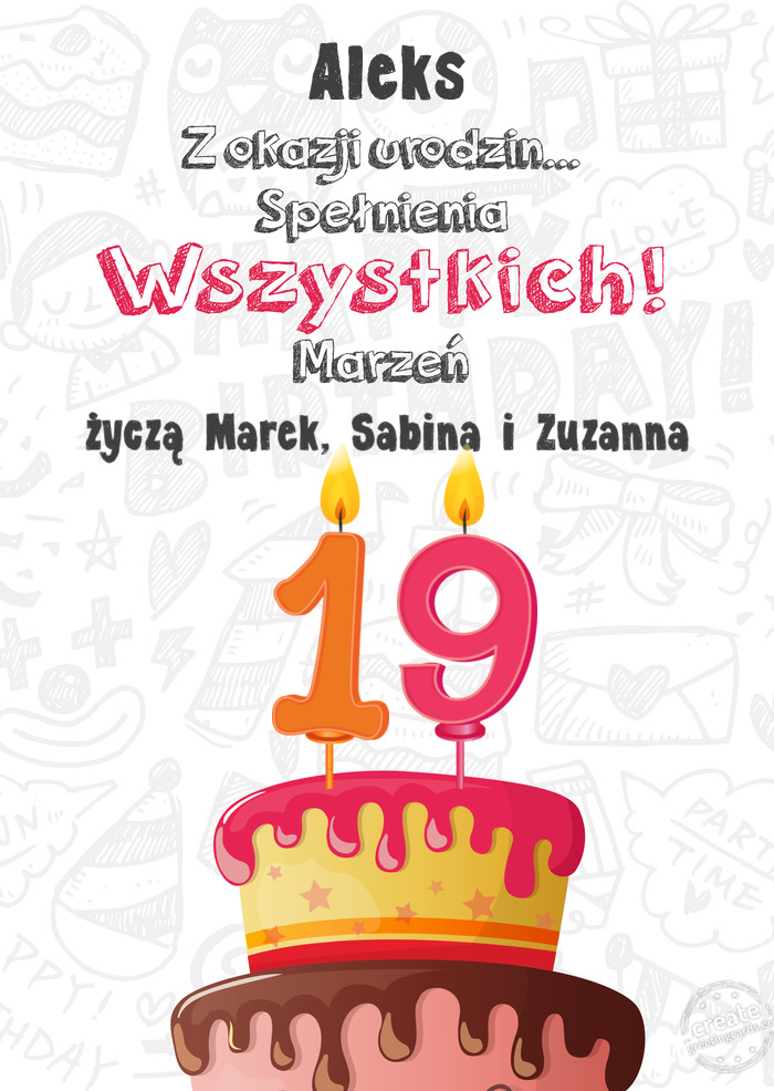 Aleks Kartka z okazji 19 urodzin, życzą Marek, Sabina i Zuzanna