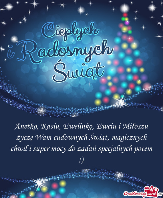 Anetko, Kasiu, Ewelinko, Ewciu i Miłoszu życzę Wam cudownych Świąt, magicznych chwil i super mo