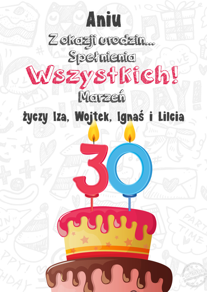 Aniu Kartka z okazji 30 urodzin, Iza, Wojtek, Ignaś i Lilcia