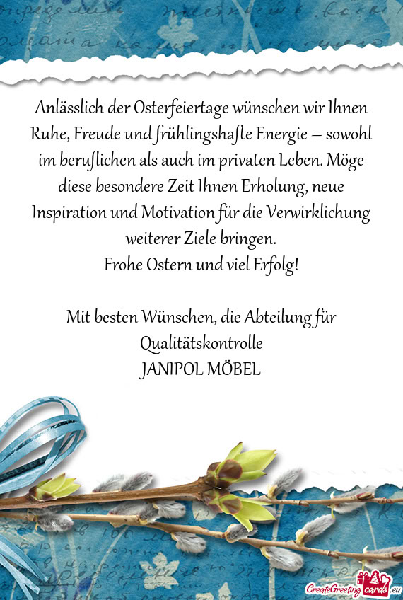 Anlässlich der Osterfeiertage wünschen wir Ihnen Ruhe, Freude und frühlingshafte Energie – sowo