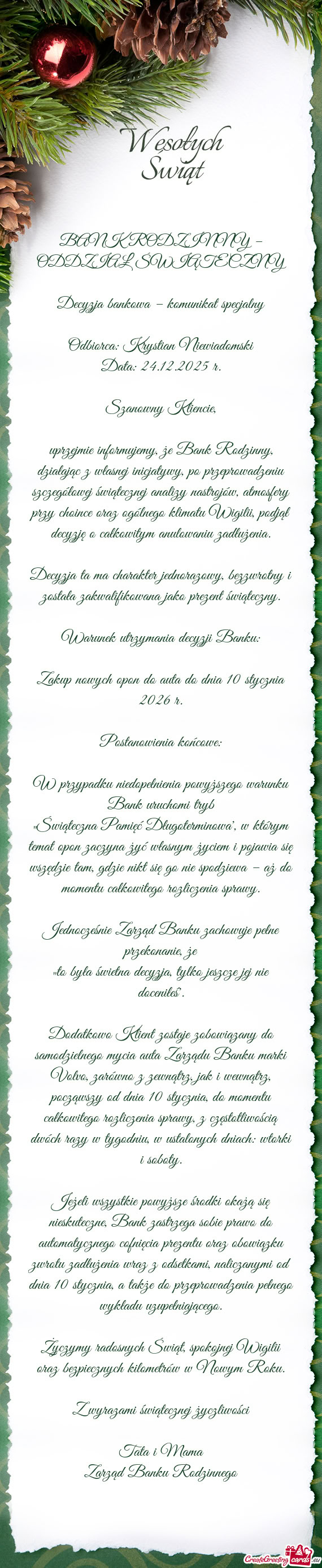 BANK RODZINNY – ODDZIAŁ ŚWIĄTECZNY