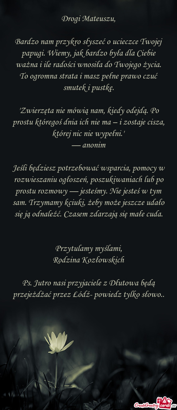 Bardzo nam przykro słyszeć o ucieczce Twojej papugi. Wiemy, jak bardzo była dla Ciebie ważna i i