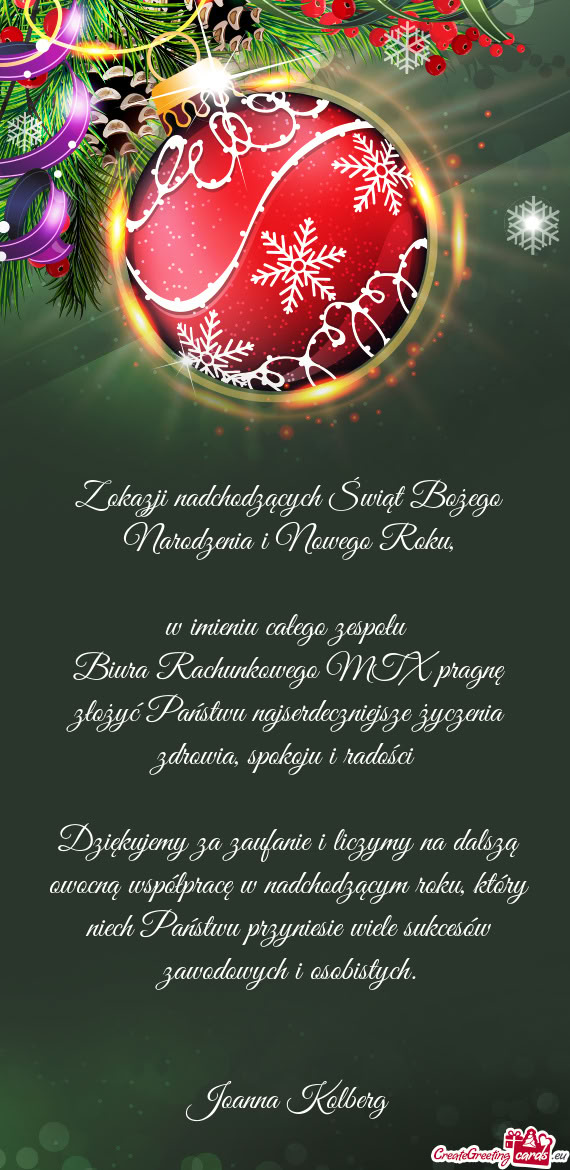 Biura Rachunkowego MTX pragnę złożyć Państwu najserdeczniejsze życzenia zdrowia, spokoju i rad
