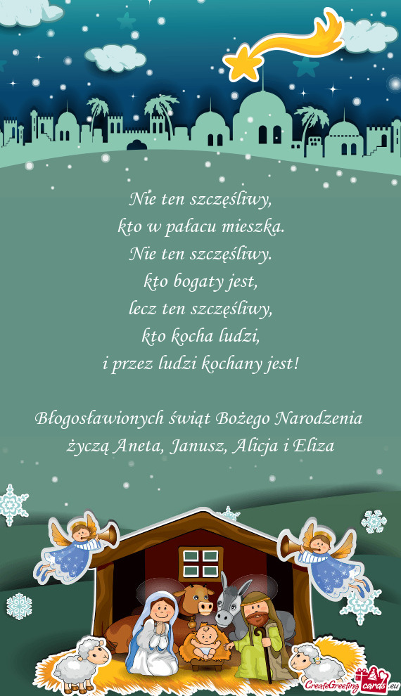 Błogosławionych świąt Bożego Narodzenia życzą Aneta, Janusz, Alicja i Eliza