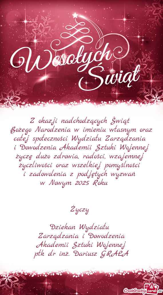 Bożego Narodzenia w imieniu własnym oraz całej społeczności Wydziału Zarządzania