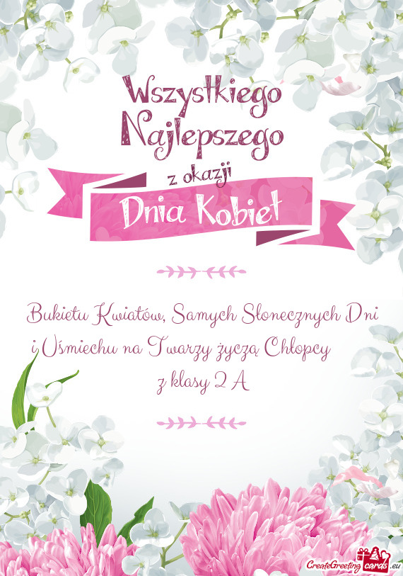 Bukietu Kwiatów, Samych Słonecznych Dni i Uśmiechu na Twarzy życzą Chłopcy   z klasy 2 A