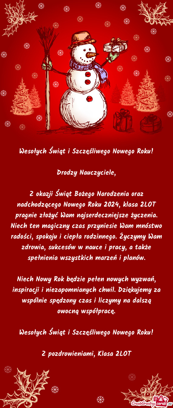 Ć Wam najserdeczniejsze życzenia. Niech ten magiczny czas przyniesie Wam mnóstwo radości, spokoj