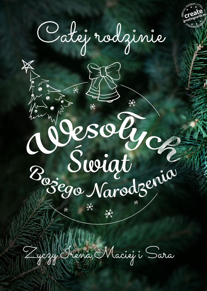 Całej rodzinie Wesołych Świat Bożego Narodzenia Irena,Maciej i Sara 💌