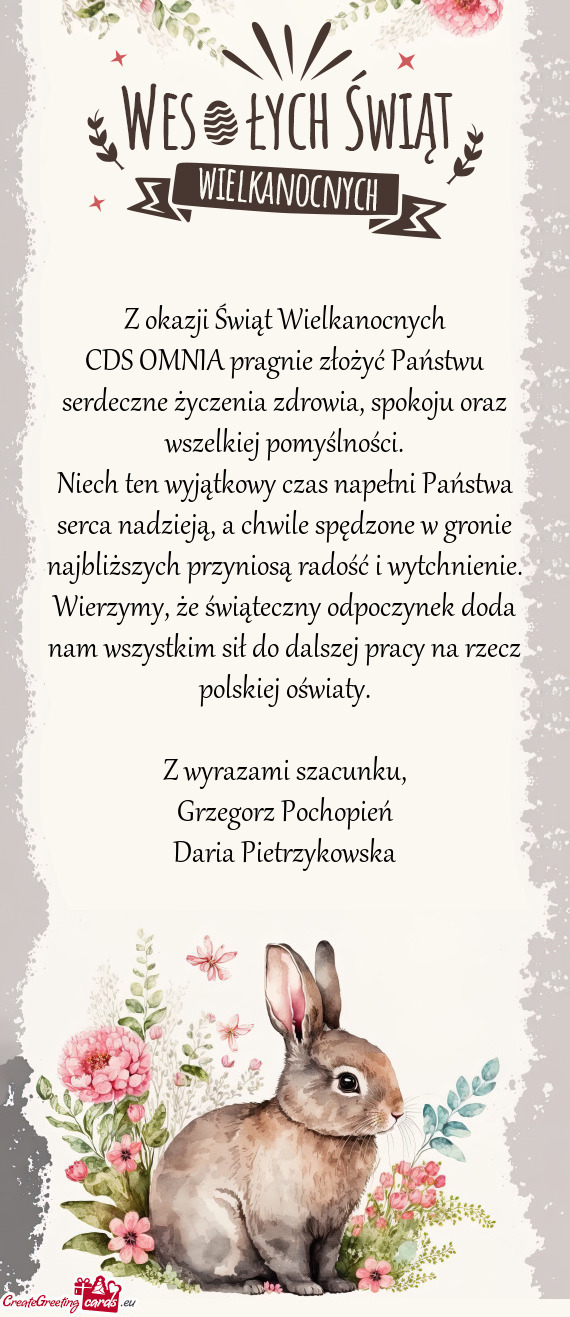 CDS OMNIA pragnie złożyć Państwu serdeczne życzenia zdrowia, spokoju oraz wszelkiej pomyślnoś
