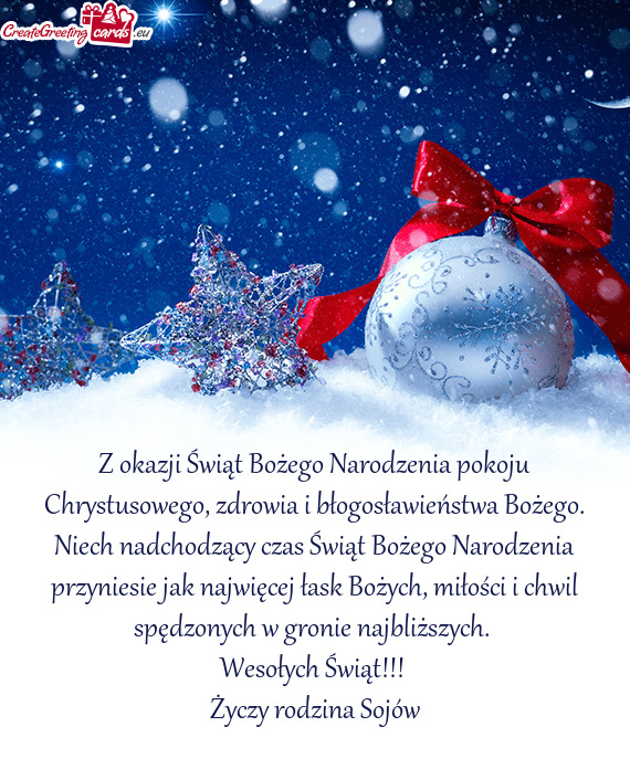 Ch nadchodzący czas Świąt Bożego Narodzenia przyniesie jak najwięcej łask Bożych, miłości i