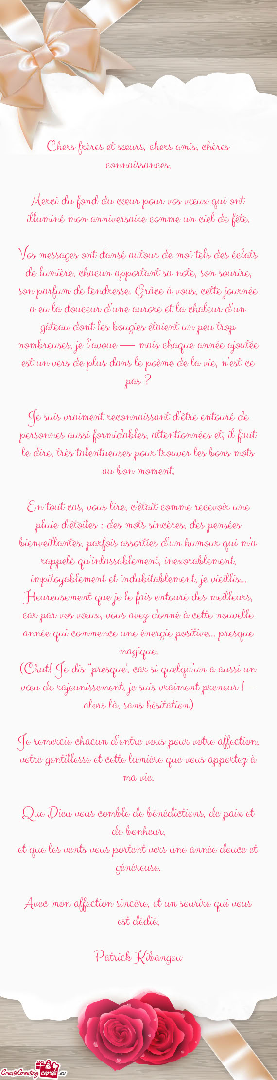 Chers frères et sœurs, chers amis, chères connaissances