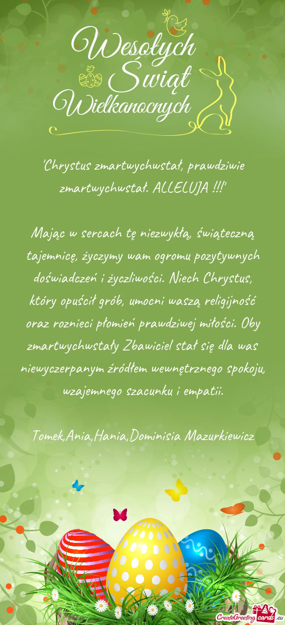 "Chrystus zmartwychwstał, prawdziwie zmartwychwstał. ALLELUJA !!!"