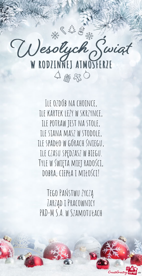 Ciepła i miłości! Tego Państwu życzą Zarząd i Pracownicy PRD-M S