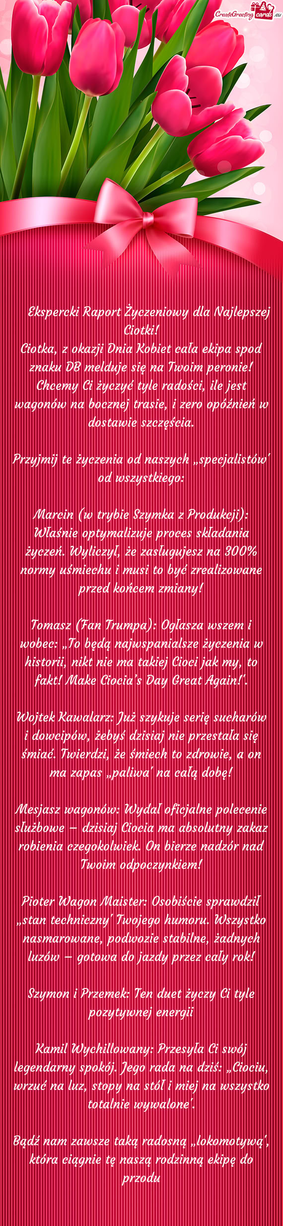 Ciotka, z okazji Dnia Kobiet cała ekipa spod znaku DB melduje się na Twoim peronie! Chcemy Ci życ