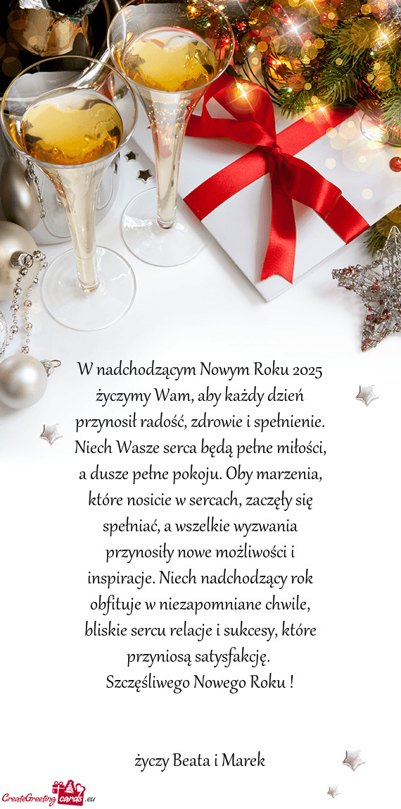 Cje. Niech nadchodzący rok obfituje w niezapomniane chwile, bliskie sercu relacje i sukcesy, które