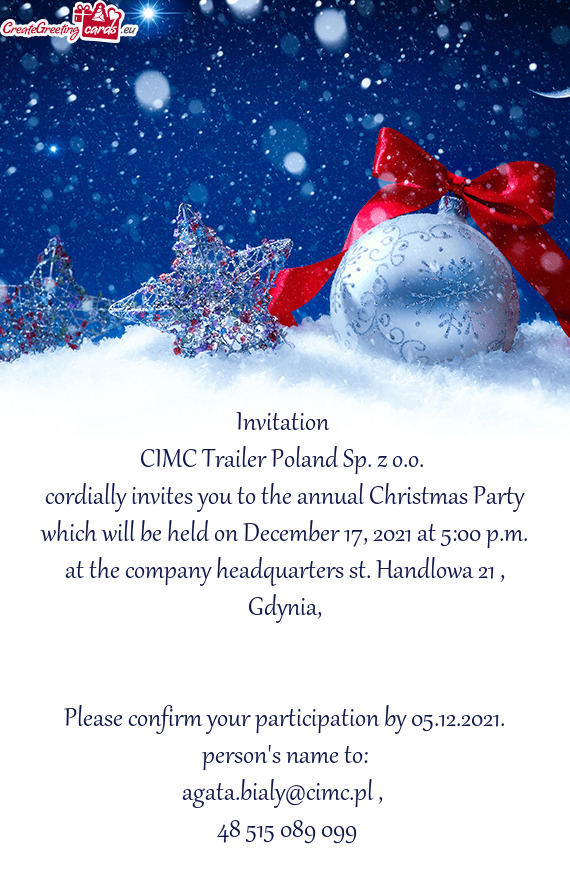 Cordially invites you to the annual Christmas Party which will be held on December 17, 2021 at 5:00