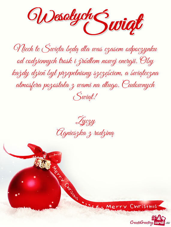 Cudownych Świąt! Życzy Agnieszka z rodziną