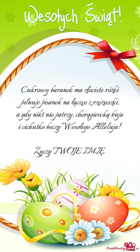 Cukrowy baranek ma złociste różki  pilnuje pisanek na łączce z