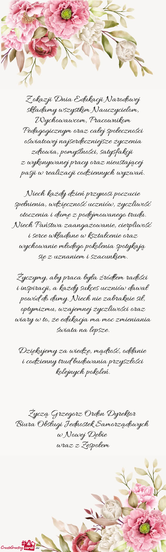 Cznym oraz całej społeczności oświatowej najserdeczniejsze życzenia zdrowia, pomyślności, sat